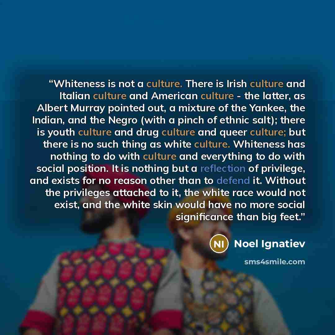 “Whiteness is not a culture. There is Irish culture and Italian culture and American culture - the latter, as Albert Murray pointed out, a mixture of the Yankee, the Indian, and the Negro (with a pinch of ethnic salt); there is youth culture and drug culture and queer culture; but there is no such…” quote by Noel Ignatiev