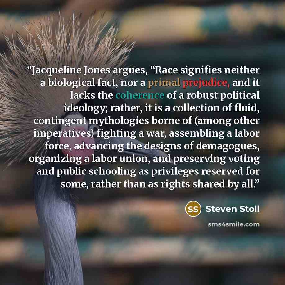 “Jacqueline Jones argues, “Race signifies neither a biological fact, nor a primal prejudice, and it lacks the coherence of a robust political ideology; rather, it is a collection of fluid, contingent mythologies borne of (among other imperatives) fighting a war, assembling a labor force, advancing…” quote by Steven Stoll