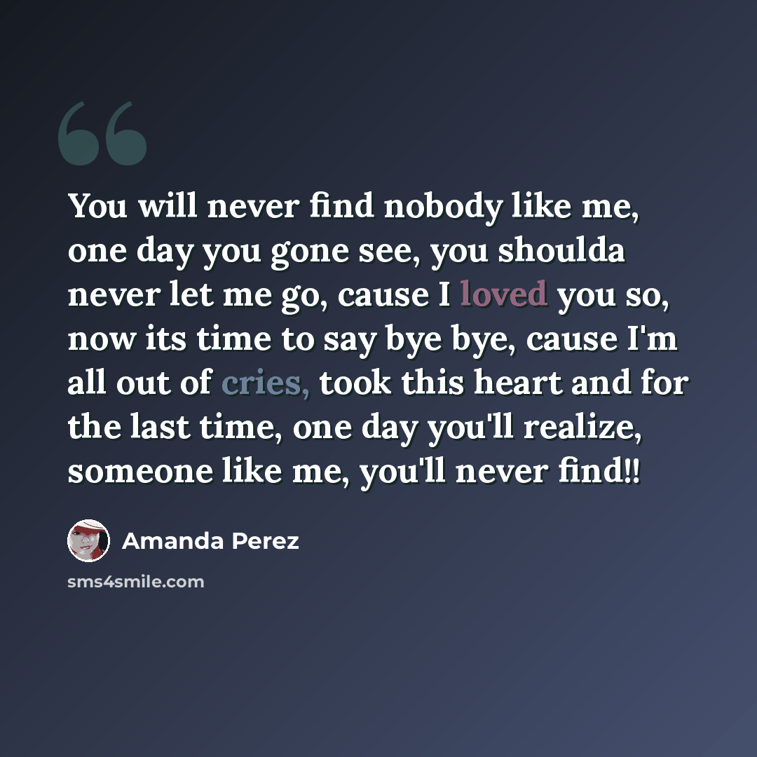 “You will never find nobody like me, one day you gone see, you shoulda never let me go, cause I loved you so, now its time to say bye bye, cause I'm all out of cries, took this heart and for the last time, one day you'll realize, someone like me, you'll never find!!” quote by Amanda Perez