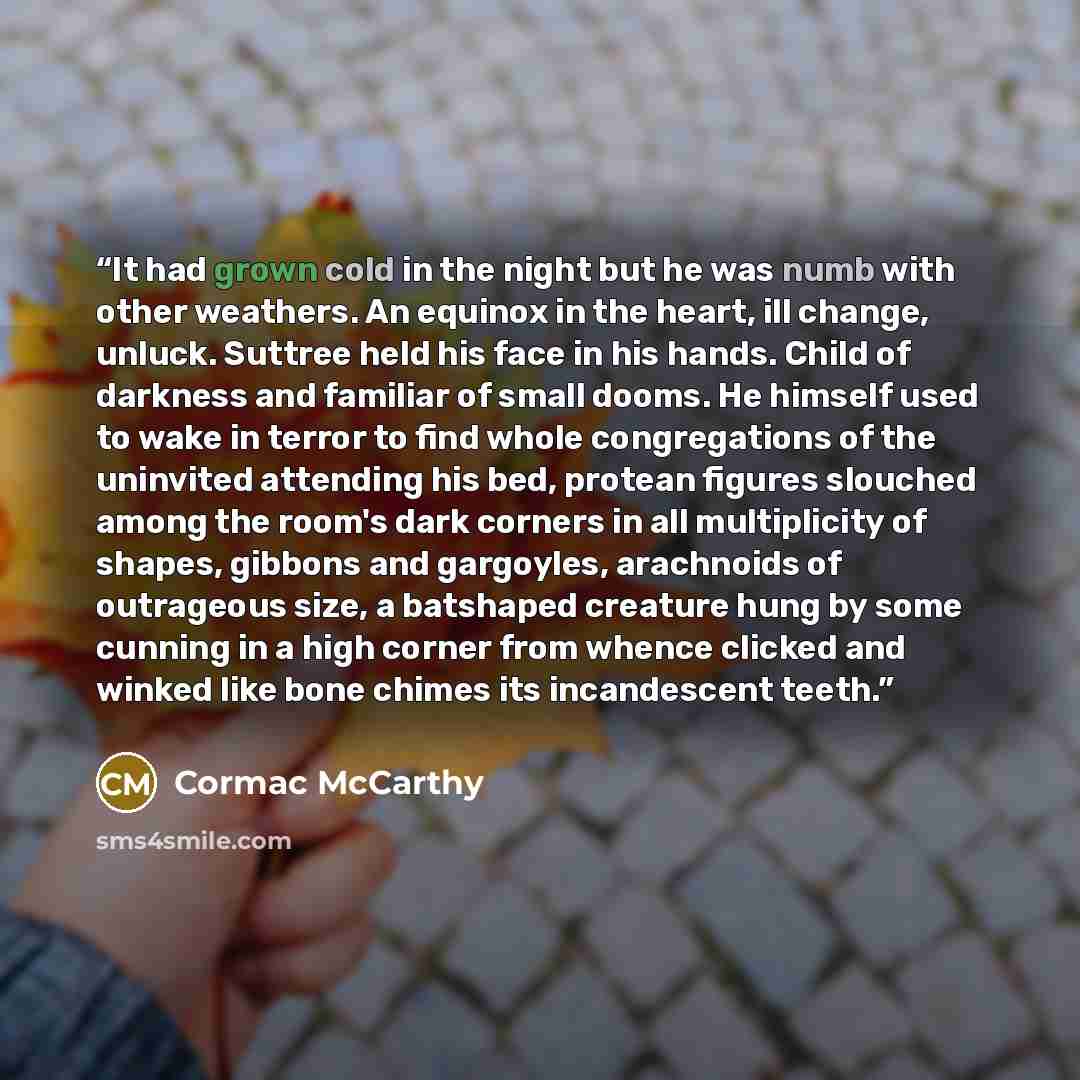 “It had grown cold in the night but he was numb with other weathers. An equinox in the heart, ill change, unluck. Suttree held his face in his hands. Child of darkness and familiar of small dooms. He himself used to wake in terror to find whole congregations of the uninvited attending his bed…” quote by Cormac McCarthy