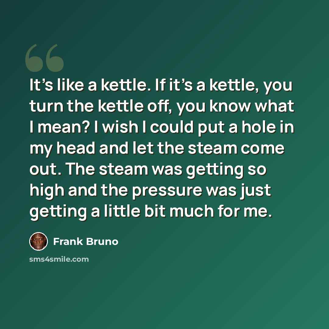 “It's like a kettle. If it's a kettle, you turn the kettle off, you know what I mean? I wish I could put a hole in my head and let the steam come out. The steam was getting so high and the pressure was just getting a little bit much for me.” quote by Frank Bruno