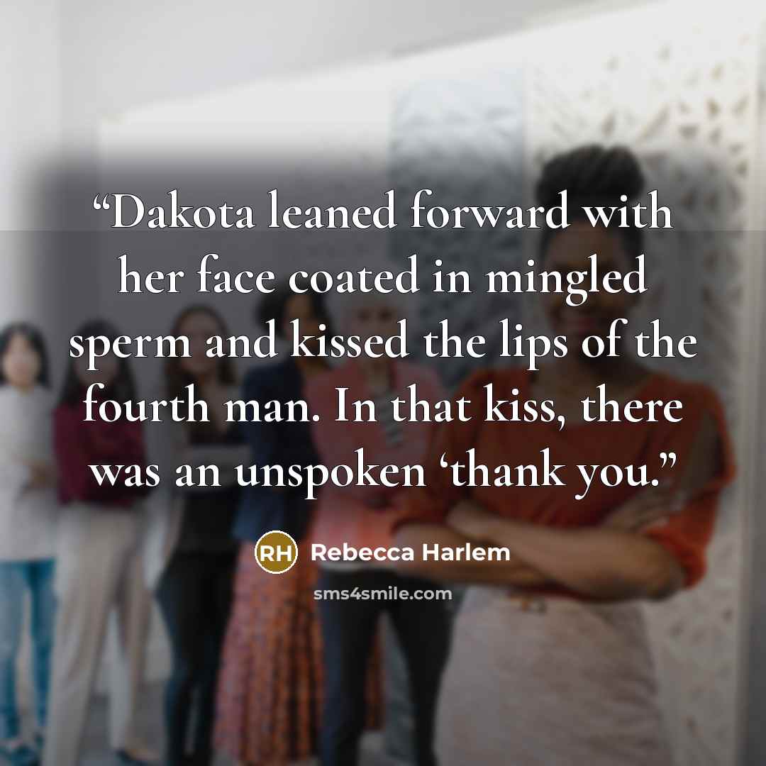 “Dakota leaned forward with her face coated in mingled sperm and kissed the lips of the fourth man. In that kiss, there was an unspoken ‘thank you.” quote by Rebecca Harlem