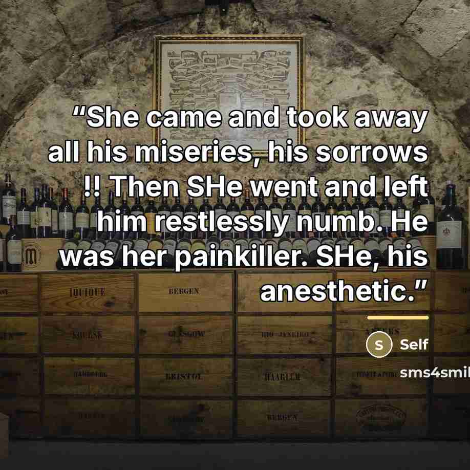 “She came and took away all his miseries, his sorrows !! Then SHe went and left him restlessly numb. He was her painkiller. SHe, his anesthetic.” quote by Self