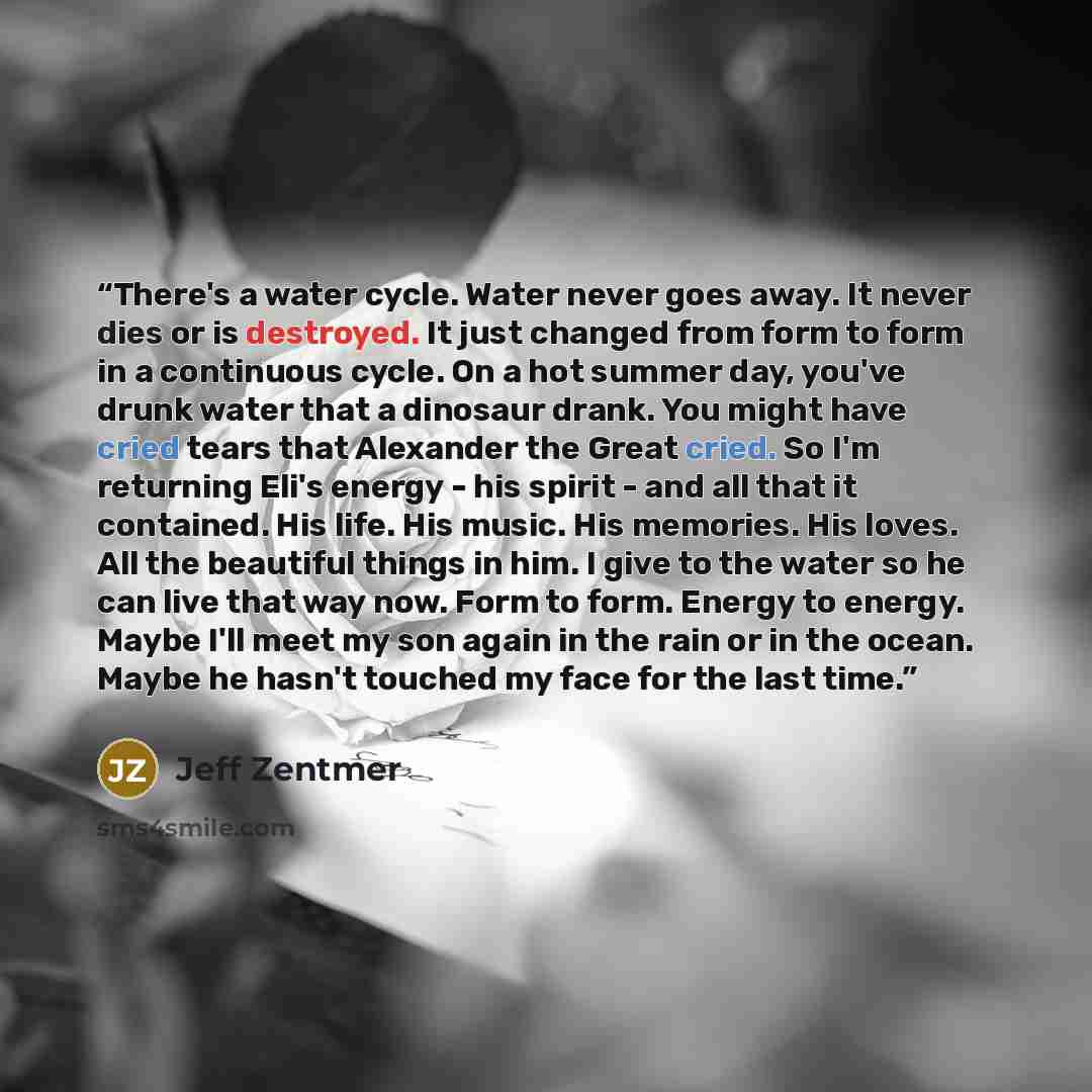“There's a water cycle. Water never goes away. It never dies or is destroyed. It just changed from form to form in a continuous cycle. On a hot summer day, you've drunk water that a dinosaur drank. You might have cried tears that Alexander the Great cried. So I'm returning Eli's energy - his spirit…” quote by Jeff Zentmer