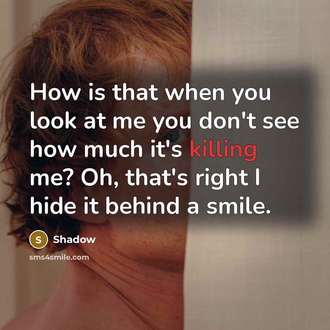 “How is that when you look at me you don't see how much it's killing me? Oh, that's right I hide it behind a smile.” quote by Shadow