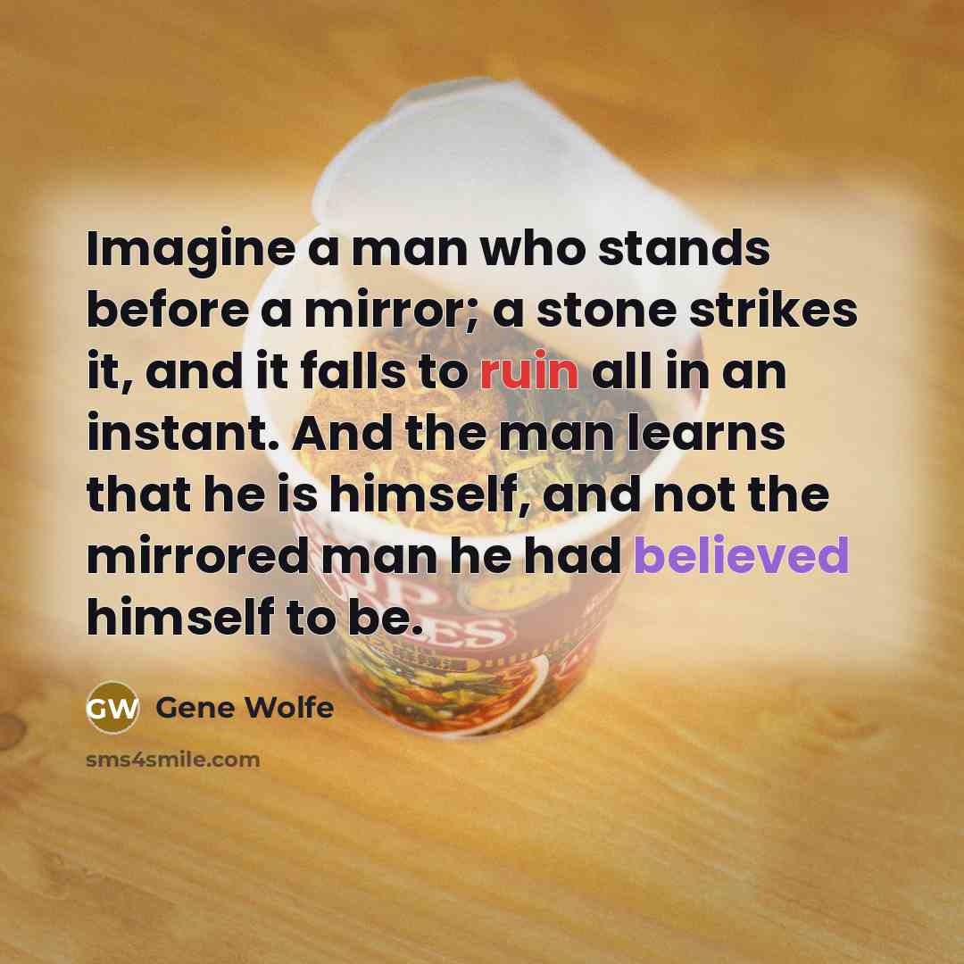 “Imagine a man who stands before a mirror; a stone strikes it, and it falls to ruin all in an instant. And the man learns that he is himself, and not the mirrored man he had believed himself to be.” quote by Gene Wolfe
