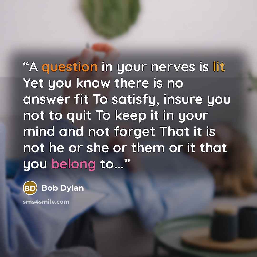 “A question in your nerves is lit Yet you know there is no answer fit To satisfy, insure you not to quit To keep it in your mind and not forget That it is not he or she or them or it that you belong to...” quote by Bob Dylan