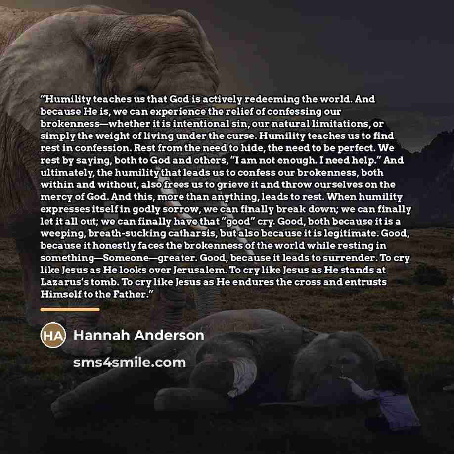 “Humility teaches us that God is actively redeeming the world. And because He is, we can experience the relief of confessing our brokenness—whether it is intentional sin, our natural limitations, or simply the weight of living under the curse. Humility teaches us to find rest in confession. Rest…” quote by Hannah Anderson