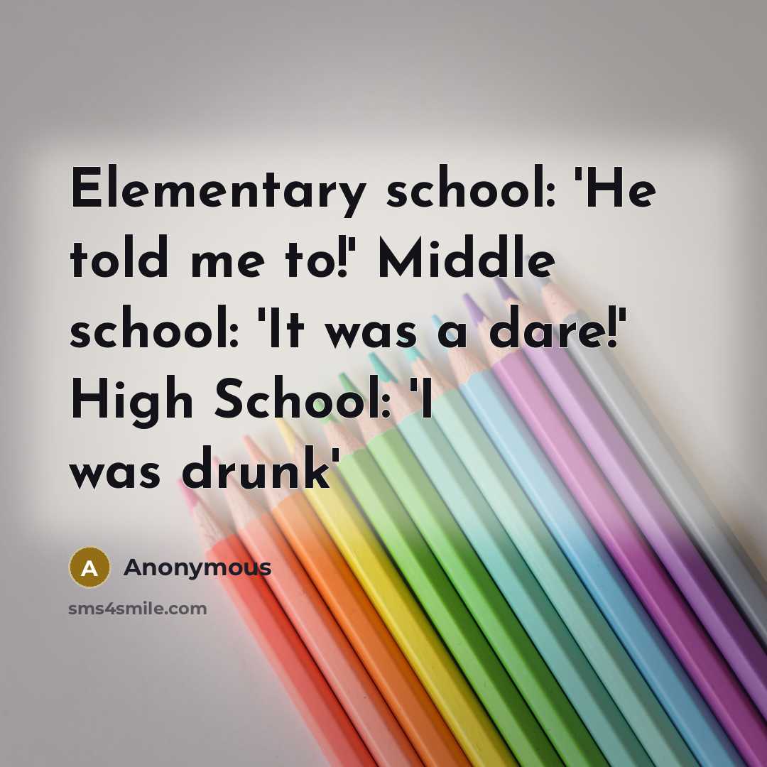 “Elementary school: 'He told me to!' Middle school: 'It was a dare!' High School: 'I was drunk'” quote by Anonymous