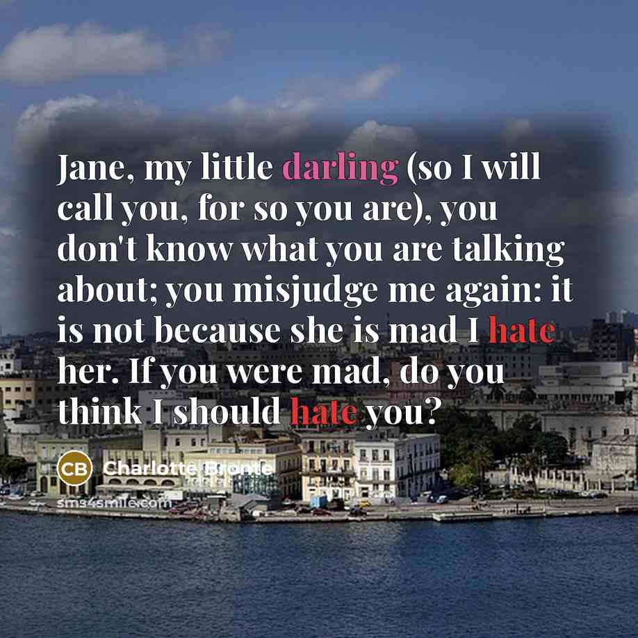 “Jane, my little darling (so I will call you, for so you are), you don't know what you are talking about; you misjudge me again: it is not because she is mad I hate her. If you were mad, do you think I should hate you?” quote by Charlotte Bronte