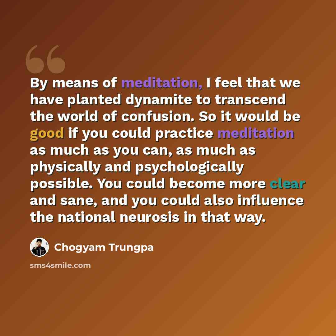 “By means of meditation, I feel that we have planted dynamite to transcend the world of confusion. So it would be good if you could practice meditation as much as you can, as much as physically and psychologically possible. You could become more clear and sane, and you could also influence the…” quote by Chogyam Trungpa