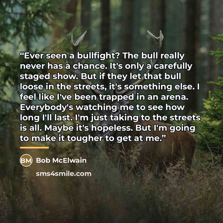 “Ever seen a bullfight? The bull really never has a chance. It's only a carefully staged show. But if they let that bull loose in the streets, it's something else. I feel like I've been trapped in an arena. Everybody's watching me to see how long I'll last. I'm just taking to the streets is all…” quote by Bob McElwain