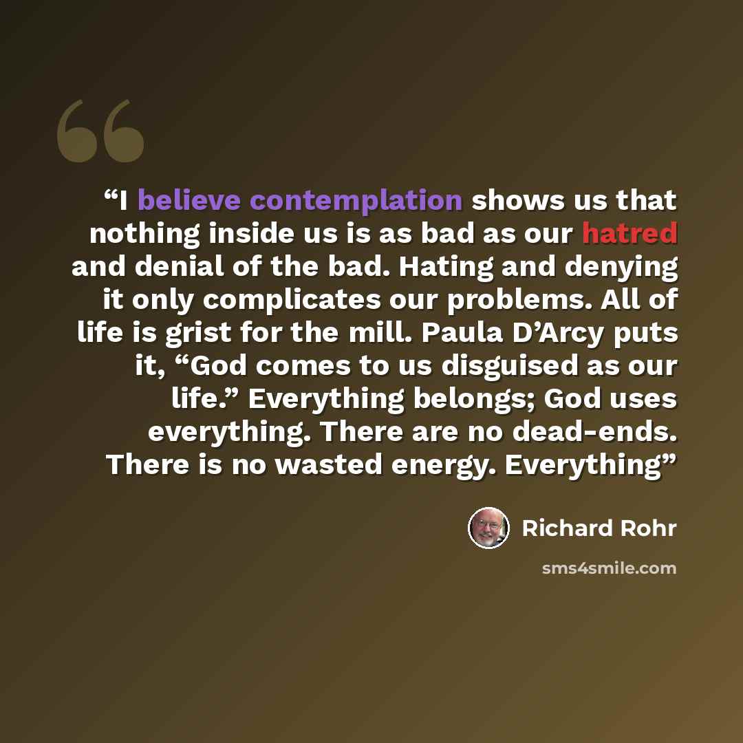 “I believe contemplation shows us that nothing inside us is as bad as our hatred and denial of the bad. Hating and denying it only complicates our problems. All of life is grist for the mill. Paula D’Arcy puts it, “God comes to us disguised as our life.” Everything belongs; God uses everything…” quote by Richard Rohr