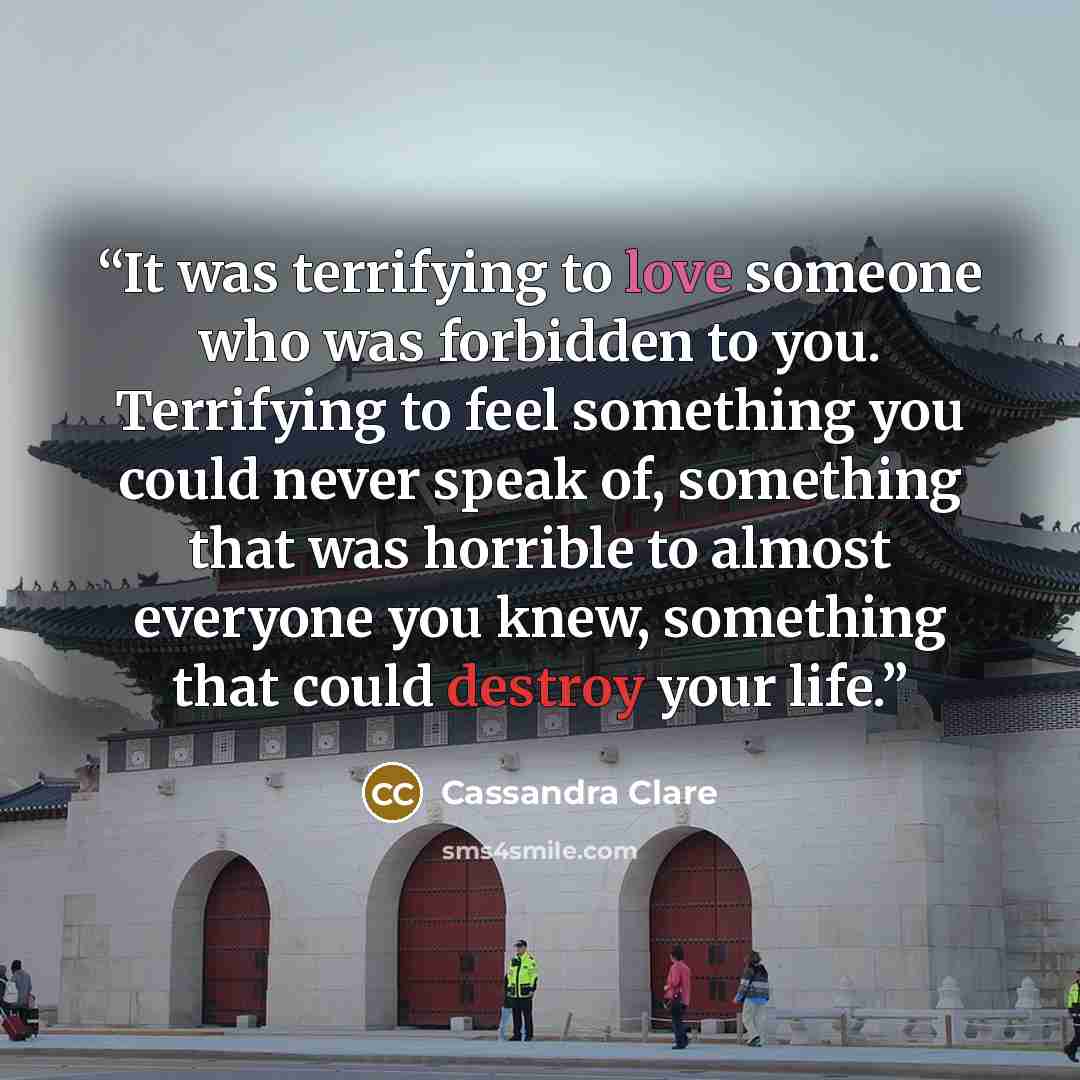“It was terrifying to love someone who was forbidden to you. Terrifying to feel something you could never speak of, something that was horrible to almost everyone you knew, something that could destroy your life.” quote by Cassandra Clare