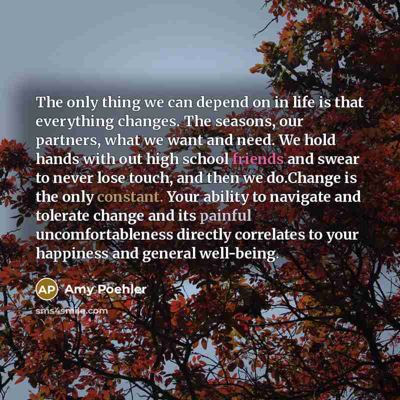 “The only thing we can depend on in life is that everything changes. The seasons, our partners, what we want and need. We hold hands with out high school friends and swear to never lose touch, and then we do.Change is the only constant. Your ability to navigate and tolerate change and its painful…” quote by Amy Poehler