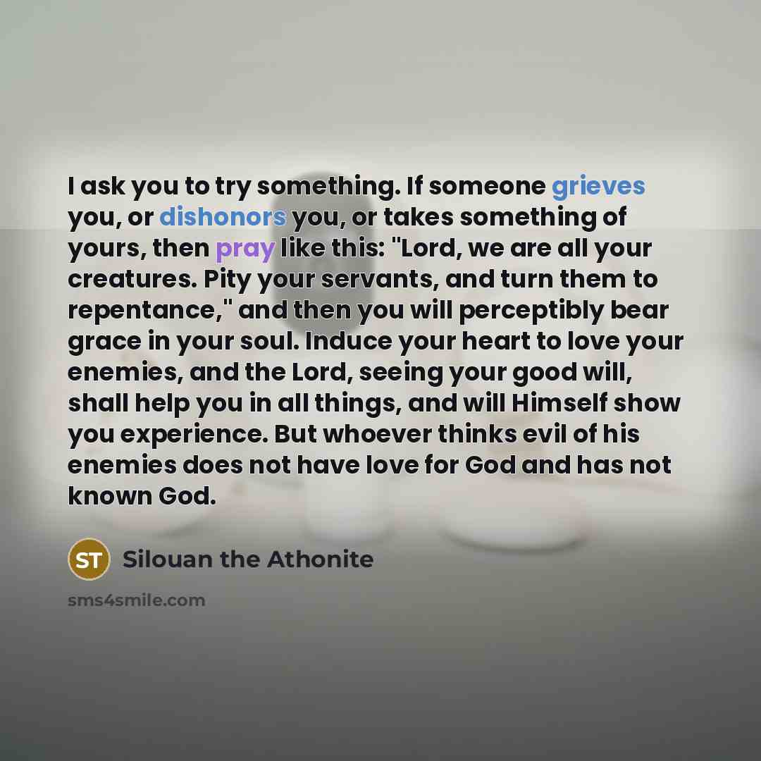 “I ask you to try something. If someone grieves you, or dishonors you, or takes something of yours, then pray like this: "Lord, we are all your creatures. Pity your servants, and turn them to repentance," and then you will perceptibly bear grace in your soul. Induce your heart to love your enemies…” quote by Silouan the Athonite