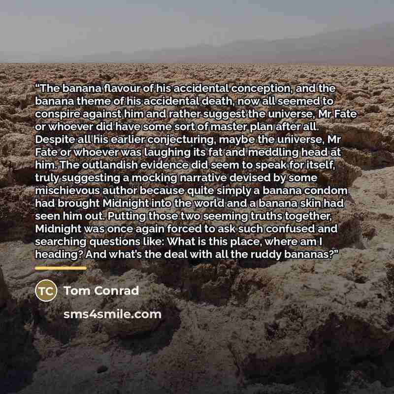 “The banana flavour of his accidental conception, and the banana theme of his accidental death, now all seemed to conspire against him and rather suggest the universe, Mr Fate or whoever did have some sort of master plan after all. Despite all his earlier conjecturing, maybe the universe, Mr Fate…” quote by Tom Conrad