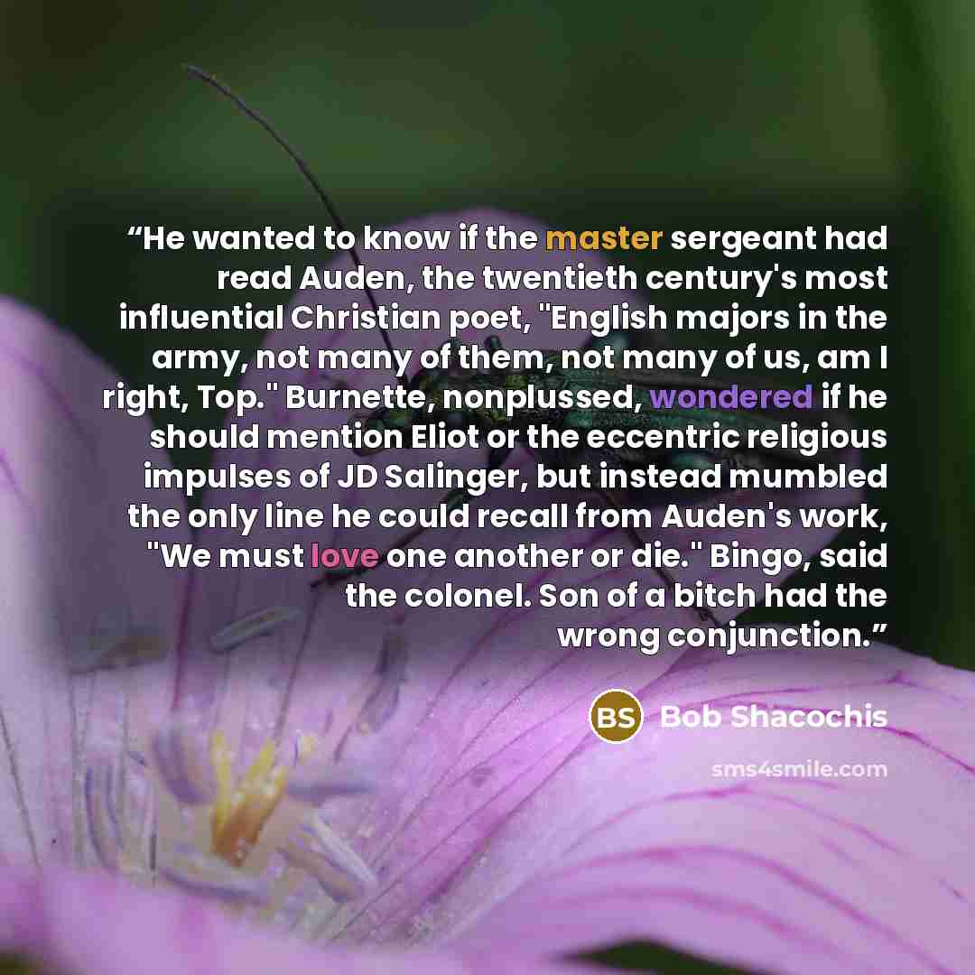 “He wanted to know if the master sergeant had read Auden, the twentieth century's most influential Christian poet, "English majors in the army, not many of them, not many of us, am I right, Top." Burnette, nonplussed, wondered if he should mention Eliot or the eccentric religious impulses of JD…” quote by Bob Shacochis
