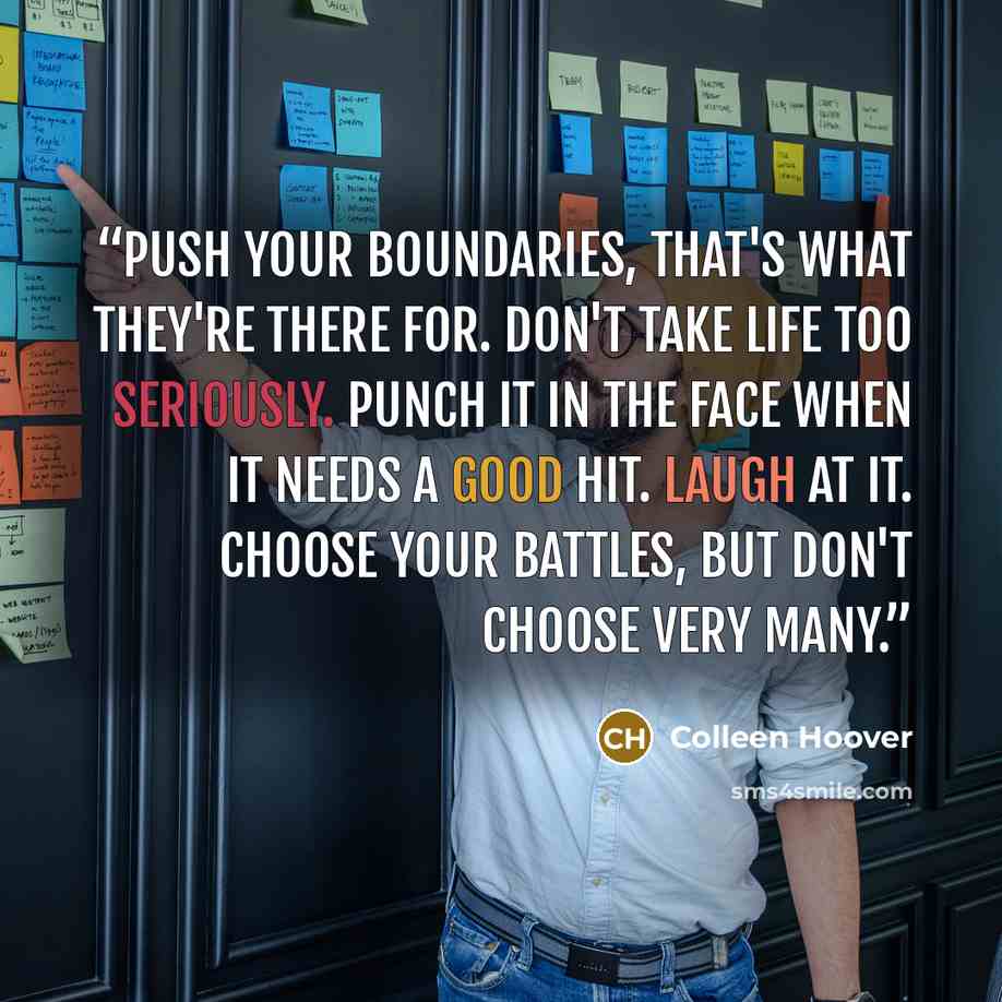 “Push your boundaries, that's what they're there for. Don't take life too seriously. Punch it in the face when it needs a good hit. Laugh at it. Choose your battles, but don't choose very many.” quote by Colleen Hoover