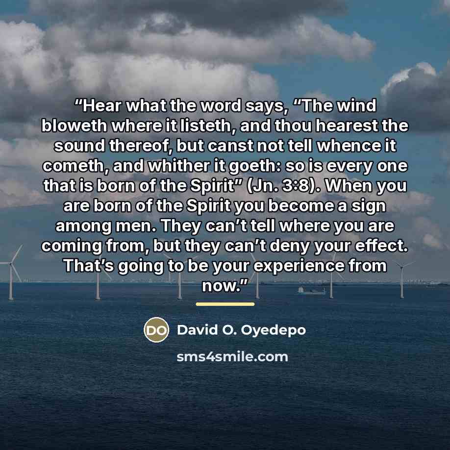 “Hear what the word says, “The wind bloweth where it listeth, and thou hearest the sound thereof, but canst not tell whence it cometh, and whither it goeth: so is every one that is born of the Spirit” (Jn. 3:8). When you are born of the Spirit you become a sign among men. They can’t tell where you…” quote by David O. Oyedepo