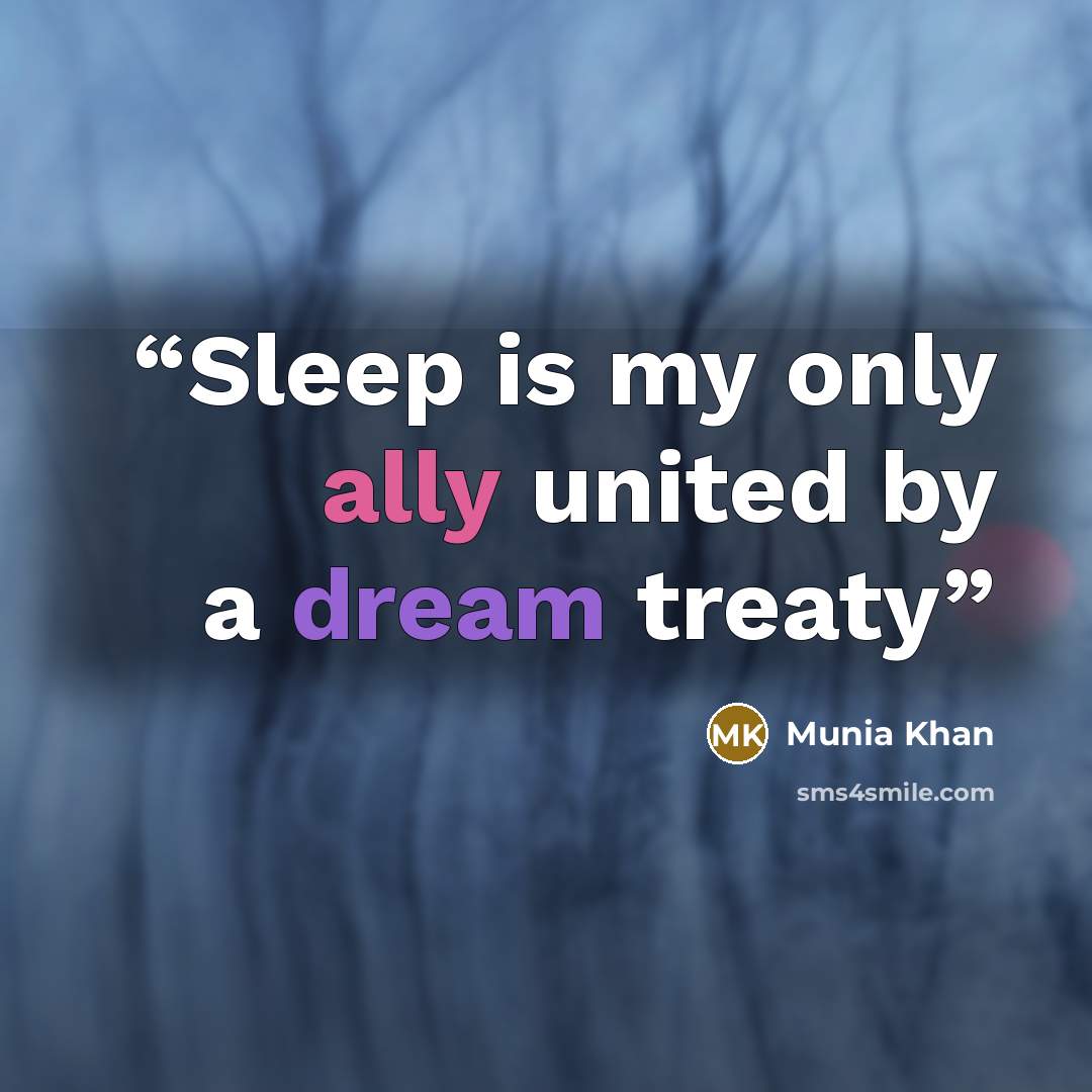 “Sleep is my only ally united by a dream treaty” quote by Munia Khan