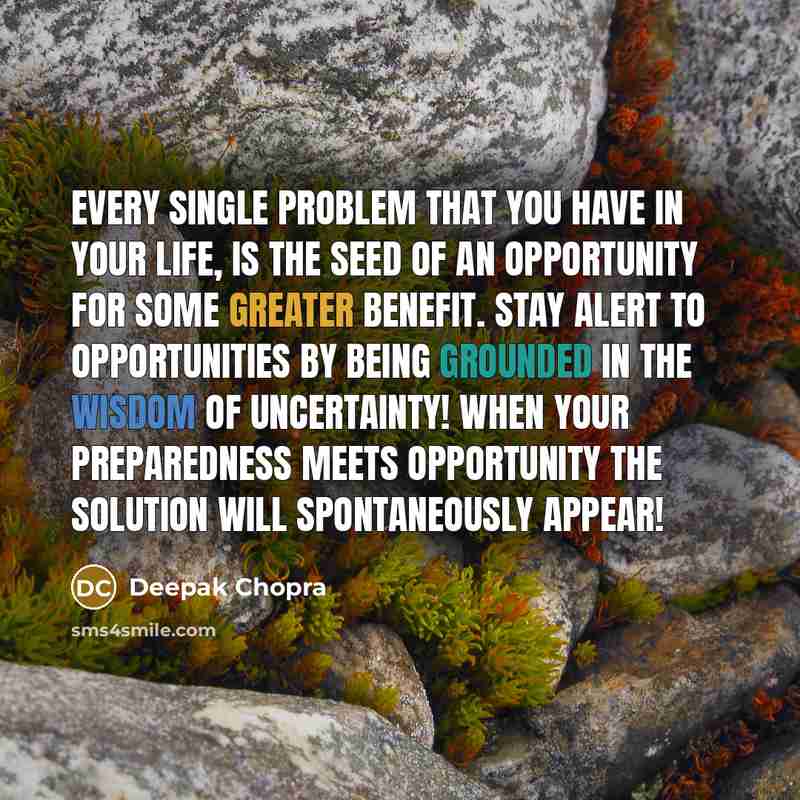 “Every single problem that you have in your life, is the seed of an opportunity for some greater benefit. Stay alert to opportunities by being grounded in the wisdom of uncertainty! When your preparedness meets opportunity the solution will spontaneously appear!” quote by Deepak Chopra