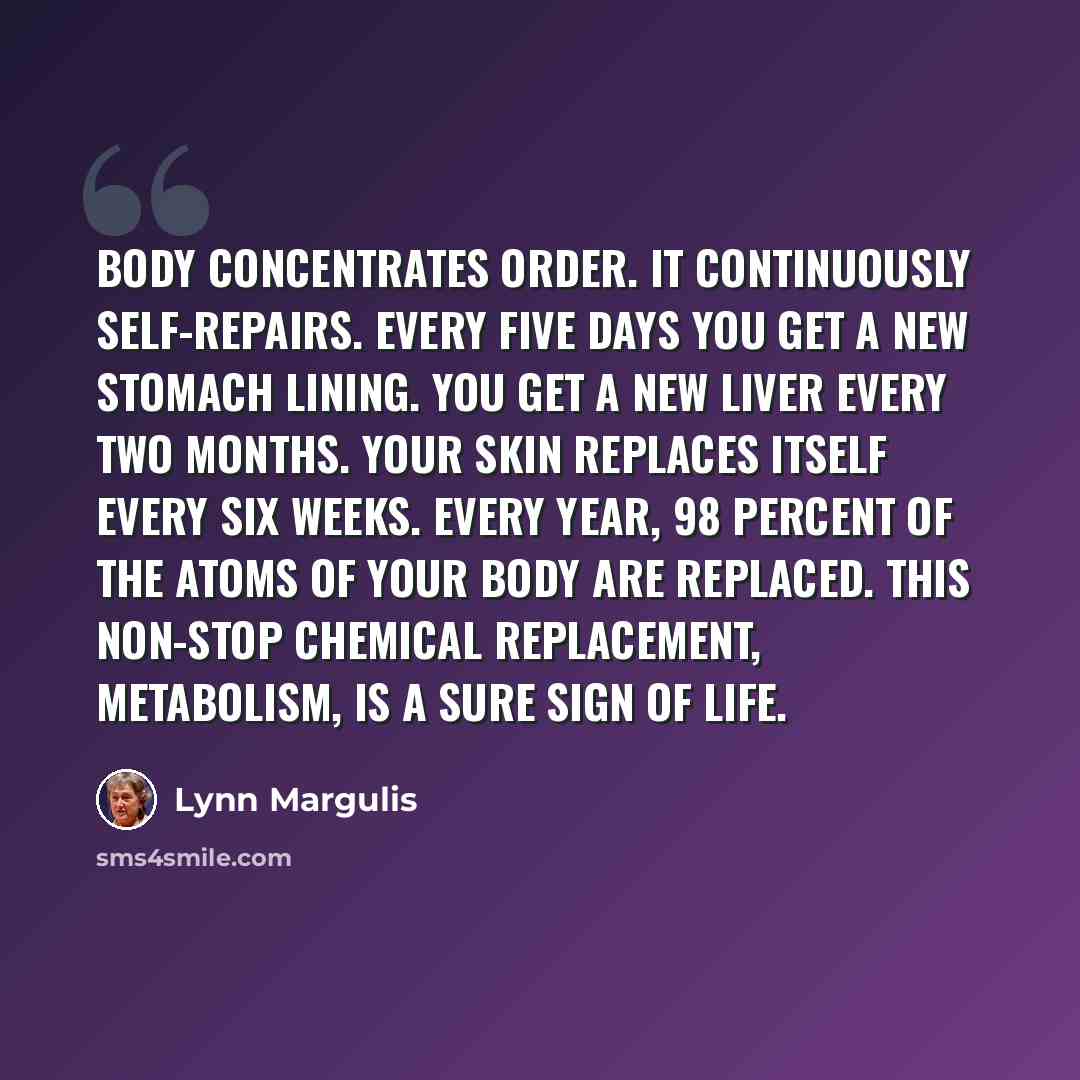 “Body concentrates order. It continuously self-repairs. Every five days you get a new stomach lining. You get a new liver every two months. Your skin replaces itself every six weeks. Every year, 98 percent of the atoms of your body are replaced. This non-stop chemical replacement, metabolism, is a…” quote by Lynn Margulis