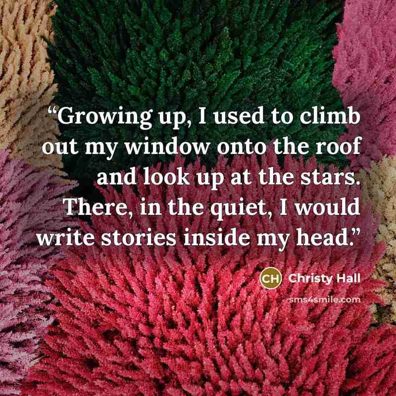 “Growing up, I used to climb out my window onto the roof and look up at the stars. There, in the quiet, I would write stories inside my head.” quote by Christy Hall