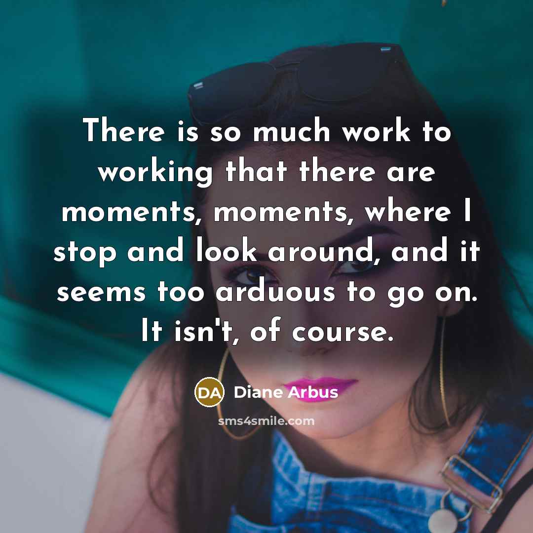 “There is so much work to working that there are moments, moments, where I stop and look around, and it seems too arduous to go on. It isn't, of course.” quote by Diane Arbus