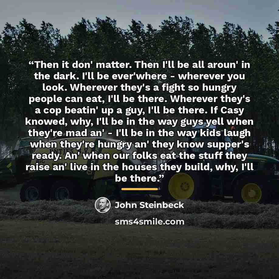 “Then it don' matter. Then I'll be all aroun' in the dark. I'll be ever'where - wherever you look. Wherever they's a fight so hungry people can eat, I'll be there. Wherever they's a cop beatin' up a guy, I'll be there. If Casy knowed, why, I'll be in the way guys yell when they're mad an' - I'll be…” quote by John Steinbeck