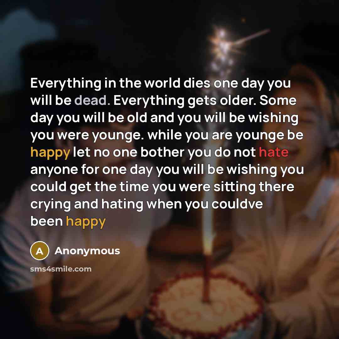 “Everything in the world dies one day you will be dead. Everything gets older. Some day you will be old and you will be wishing you were younge. while you are younge be happy let no one bother you do not hate anyone for one day you will be wishing you could get the time you were sitting there…” quote by Anonymous