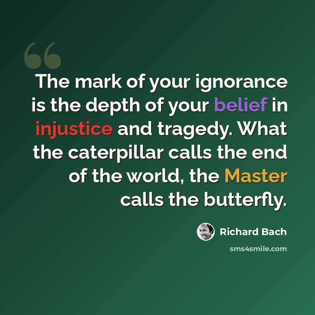 “The mark of your ignorance is the depth of your belief in injustice and tragedy. What the caterpillar calls the end of the world, the Master calls the butterfly.” quote by Richard Bach