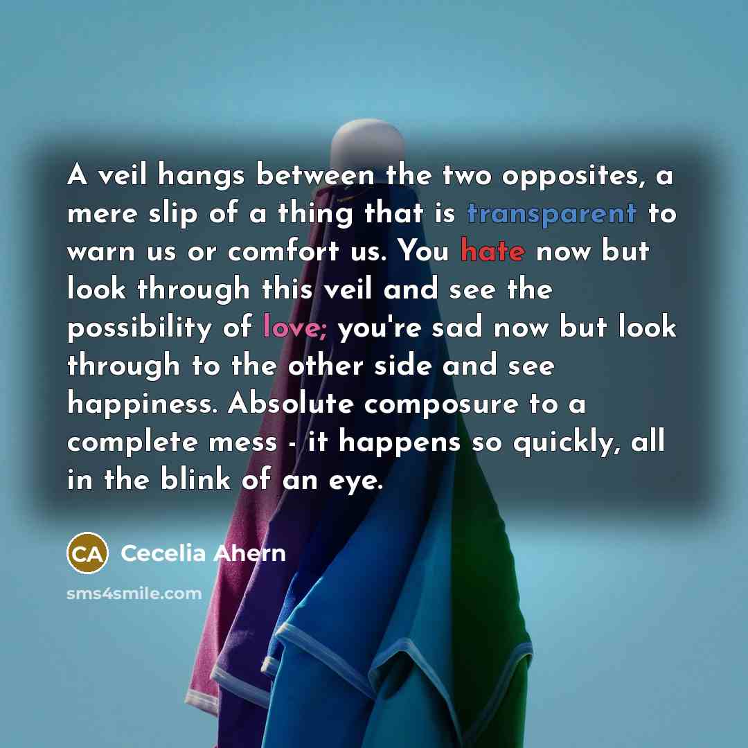 “A veil hangs between the two opposites, a mere slip of a thing that is transparent to warn us or comfort us. You hate now but look through this veil and see the possibility of love; you're sad now but look through to the other side and see happiness. Absolute composure to a complete mess - it…” quote by Cecelia Ahern