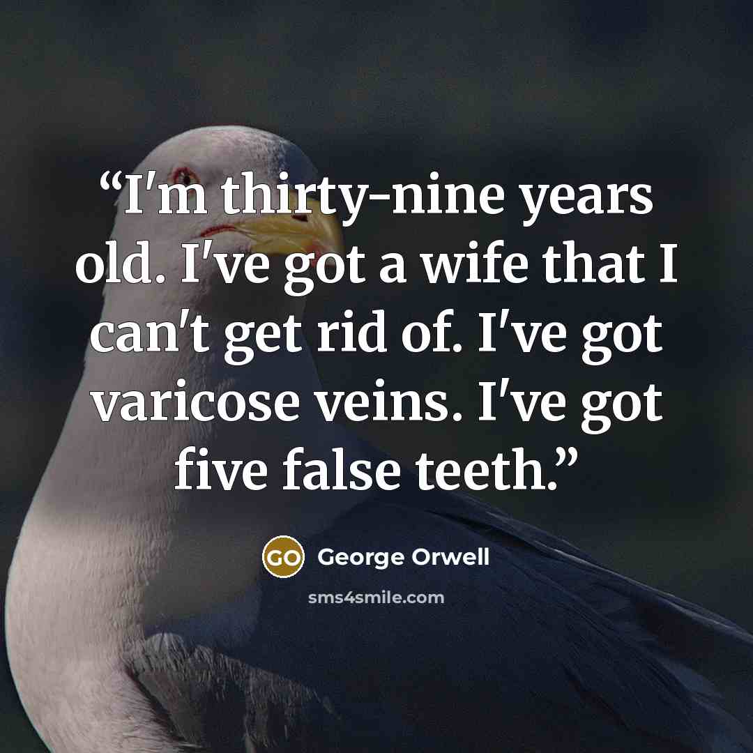 “I'm thirty-nine years old. I've got a wife that I can't get rid of. I've got varicose veins. I've got five false teeth.” quote by George Orwell