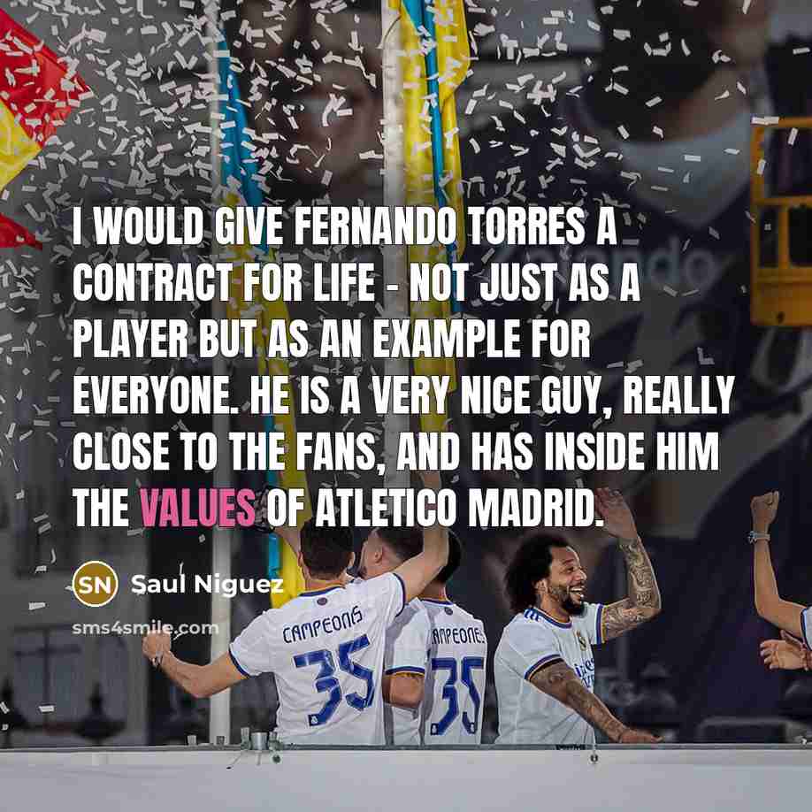 “I would give Fernando Torres a contract for life - not just as a player but as an example for everyone. He is a very nice guy, really close to the fans, and has inside him the values of Atletico Madrid.” quote by Saul Niguez
