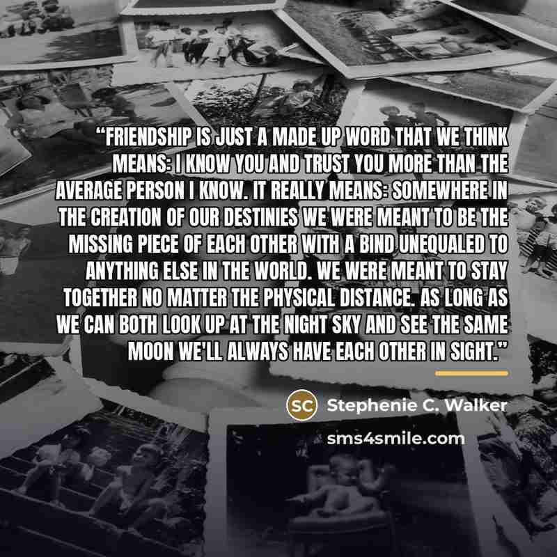 “Friendship is just a made up word that we think means: I know you and trust you more than the average person I know. It really means: somewhere in the creation of our destinies we were meant to be the missing piece of each other with a bind unequaled to anything else in the world. We were meant to…” quote by Stephenie C. Walker