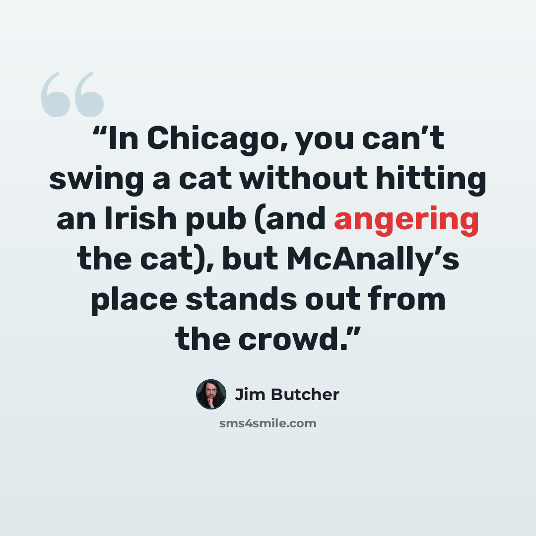 “In Chicago, you can’t swing a cat without hitting an Irish pub (and angering the cat), but McAnally’s place stands out from the crowd.” quote by Jim Butcher
