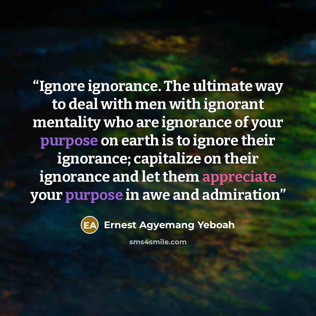 “Ignore ignorance. The ultimate way to deal with men with ignorant mentality who are ignorance of your purpose on earth is to ignore their ignorance; capitalize on their ignorance and let them appreciate your purpose in awe and admiration” quote by Ernest Agyemang Yeboah