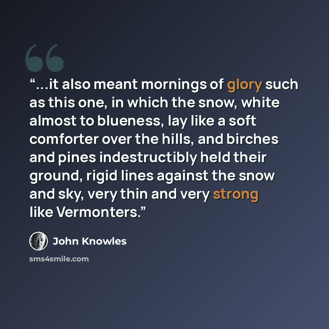 “...it also meant mornings of glory such as this one, in which the snow, white almost to blueness, lay like a soft comforter over the hills, and birches and pines indestructibly held their ground, rigid lines against the snow and sky, very thin and very strong like Vermonters.” quote by John Knowles