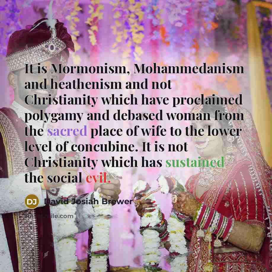 “It is Mormonism, Mohammedanism and heathenism and not Christianity which have proclaimed polygamy and debased woman from the sacred place of wife to the lower level of concubine. It is not Christianity which has sustained the social evil.” quote by David Josiah Brewer