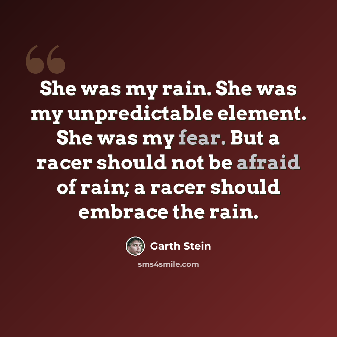 “She was my rain. She was my unpredictable element. She was my fear. But a racer should not be afraid of rain; a racer should embrace the rain.” quote by Garth Stein