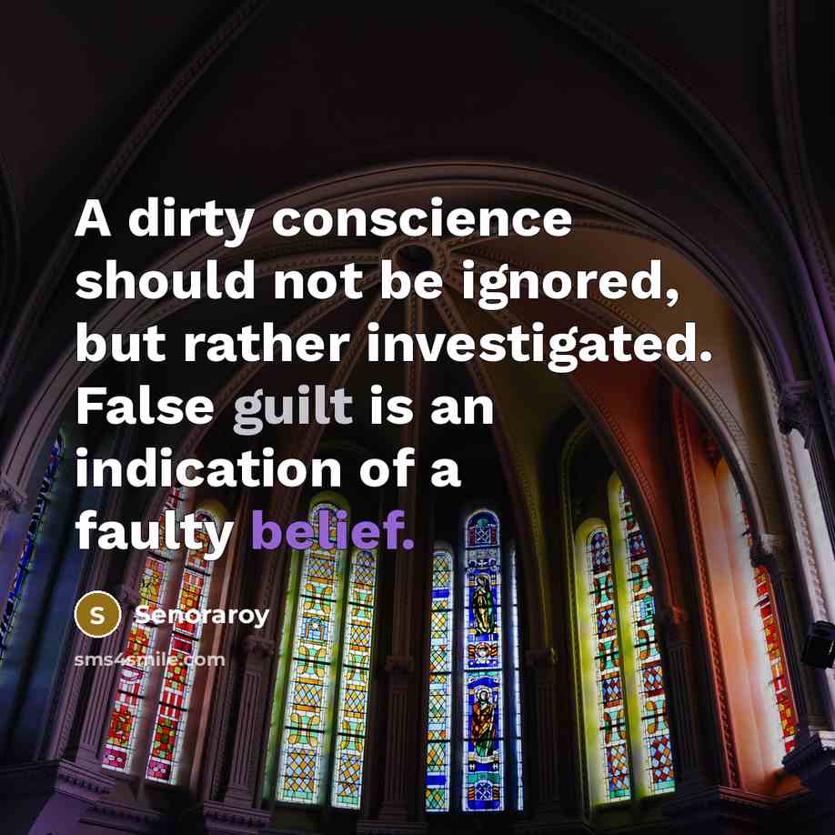 “A dirty conscience should not be ignored, but rather investigated. False guilt is an indication of a faulty belief.” quote by Senoraroy