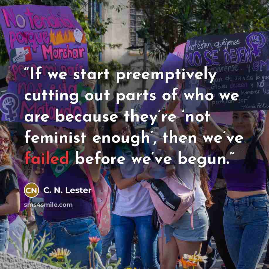 “If we start preemptively cutting out parts of who we are because they’re ‘not feminist enough’, then we’ve failed before we’ve begun.” quote by C. N. Lester