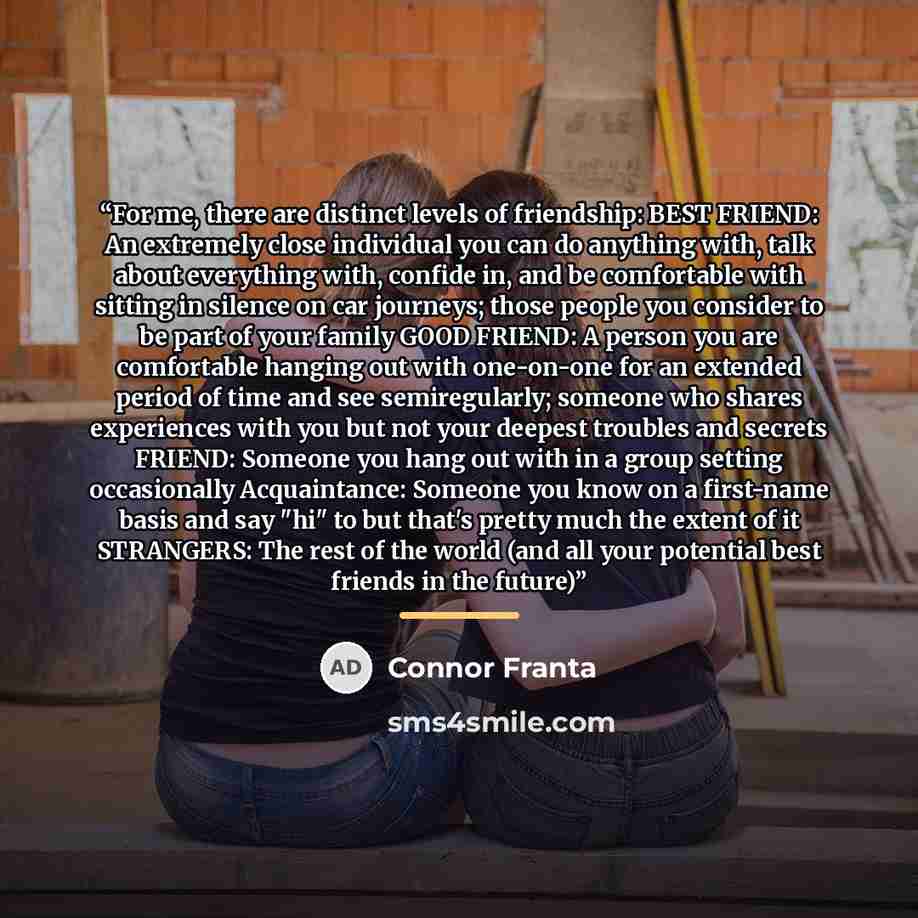 “For me, there are distinct levels of friendship: BEST FRIEND: An extremely close individual you can do anything with, talk about everything with, confide in, and be comfortable with sitting in silence on car journeys; those people you consider to be part of your family GOOD FRIEND: A person you…” quote by Connor Franta