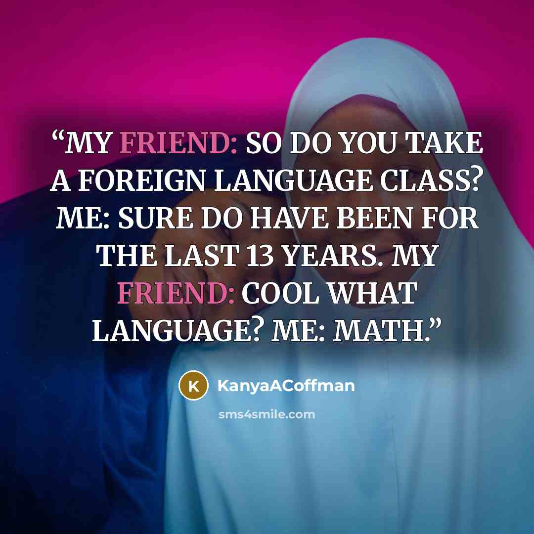 “MY FRIEND: SO DO YOU TAKE A FOREIGN LANGUAGE CLASS? ME: SURE DO HAVE BEEN FOR THE LAST 13 YEARS. MY FRIEND: COOL WHAT LANGUAGE? ME: MATH.” quote by KanyaACoffman