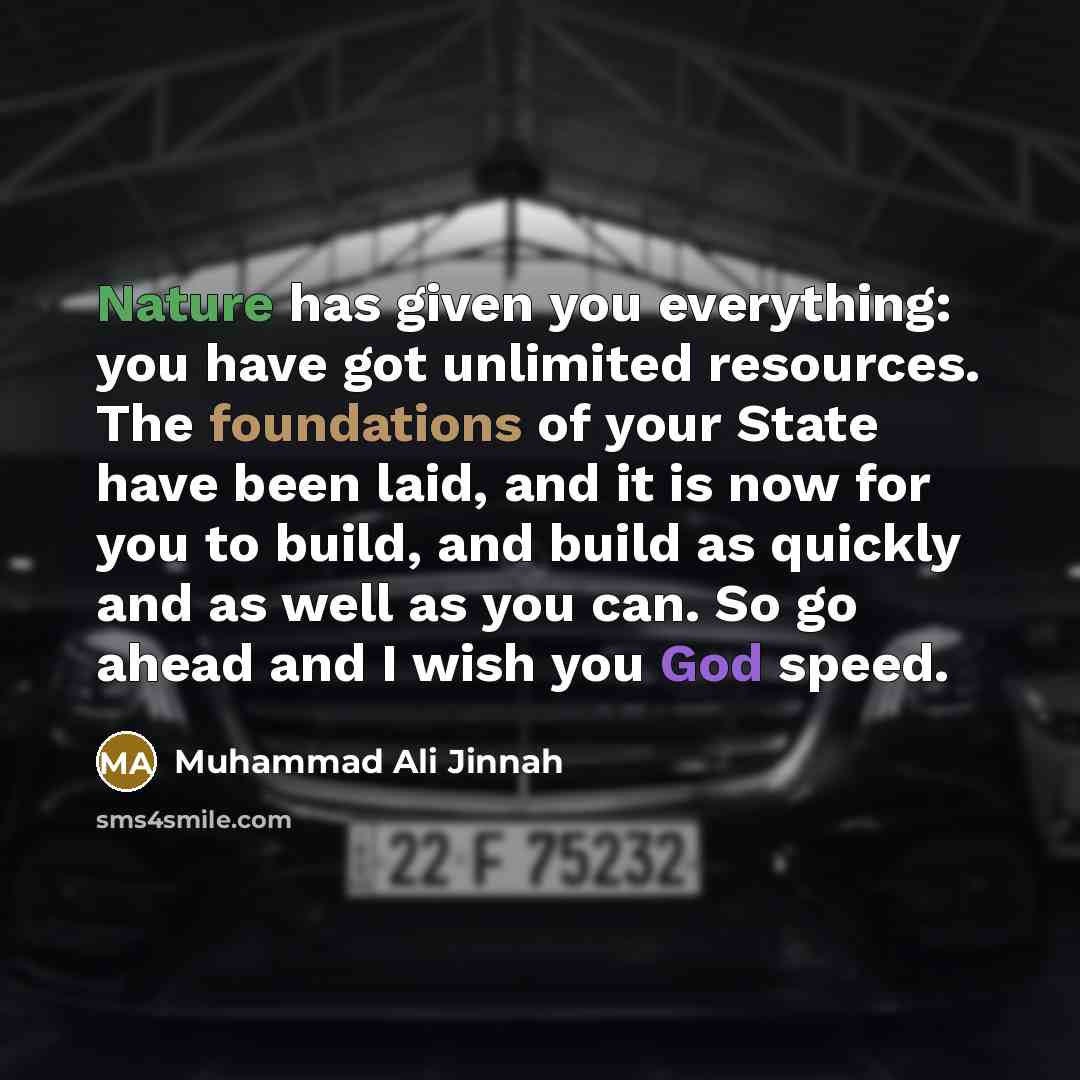“Nature has given you everything: you have got unlimited resources. The foundations of your State have been laid, and it is now for you to build, and build as quickly and as well as you can. So go ahead and I wish you God speed.” quote by Muhammad Ali Jinnah