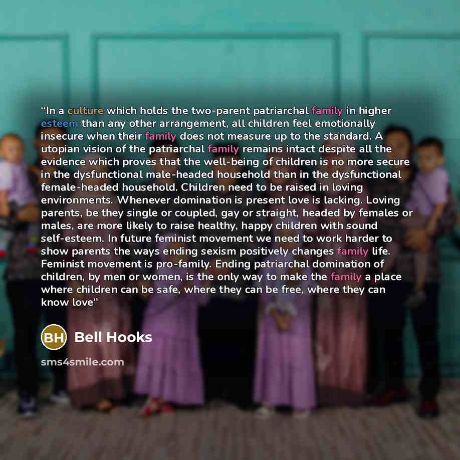 “In a culture which holds the two-parent patriarchal family in higher esteem than any other arrangement, all children feel emotionally insecure when their family does not measure up to the standard. A utopian vision of the patriarchal family remains intact despite all the evidence which proves that…” quote by bell hooks