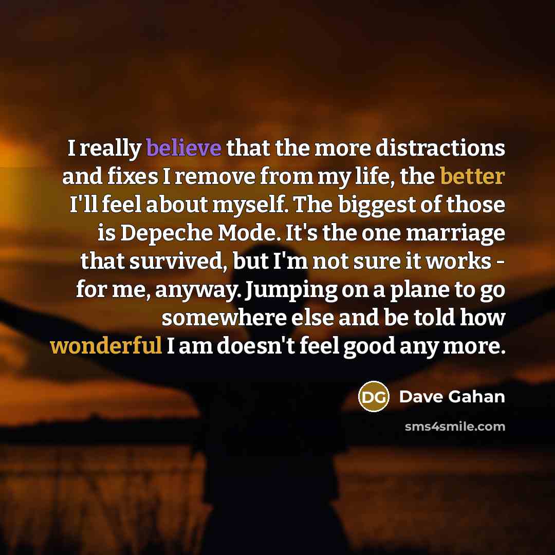 “I really believe that the more distractions and fixes I remove from my life, the better I'll feel about myself. The biggest of those is Depeche Mode. It's the one marriage that survived, but I'm not sure it works - for me, anyway. Jumping on a plane to go somewhere else and be told how wonderful I…” quote by Dave Gahan