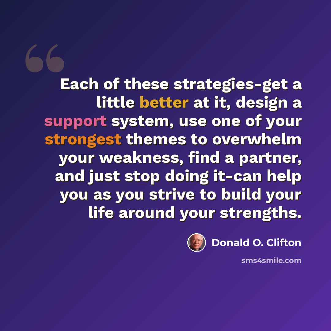 “Each of these strategies-get a little better at it, design a support system, use one of your strongest themes to overwhelm your weakness, find a partner, and just stop doing it-can help you as you strive to build your life around your strengths.” quote by Donald O. Clifton