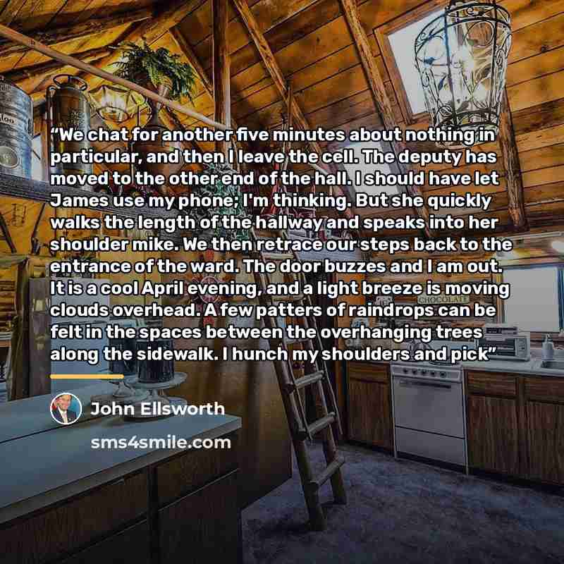 “We chat for another five minutes about nothing in particular, and then I leave the cell. The deputy has moved to the other end of the hall. I should have let James use my phone; I'm thinking. But she quickly walks the length of the hallway and speaks into her shoulder mike. We then retrace our…” quote by John Ellsworth